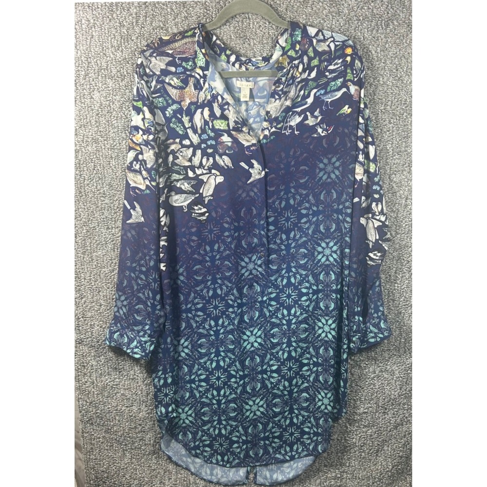 Hinge Tunic Blue Bird Medallion Print Ombre Long Sleeve Women Size 1x